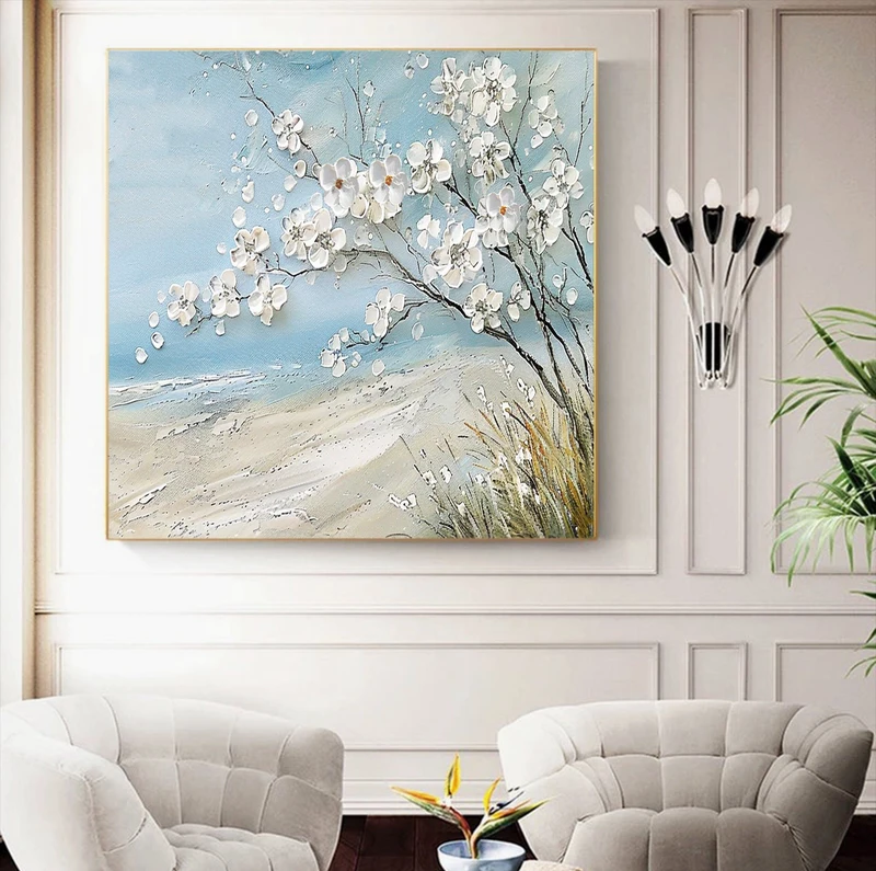 3D Flower Oil Painting on Canvas - Textured Blooming Floral Wall Art for Modern Living Room Decor