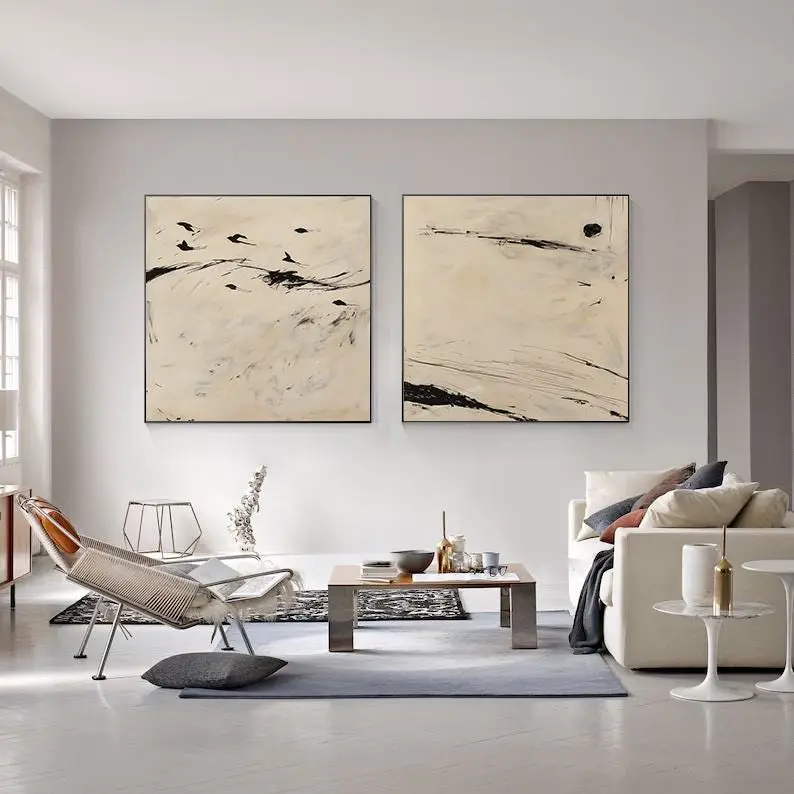 Set of 2 Wabi-Sabi Wall Art - Black and Beige Landscape Canvas Art