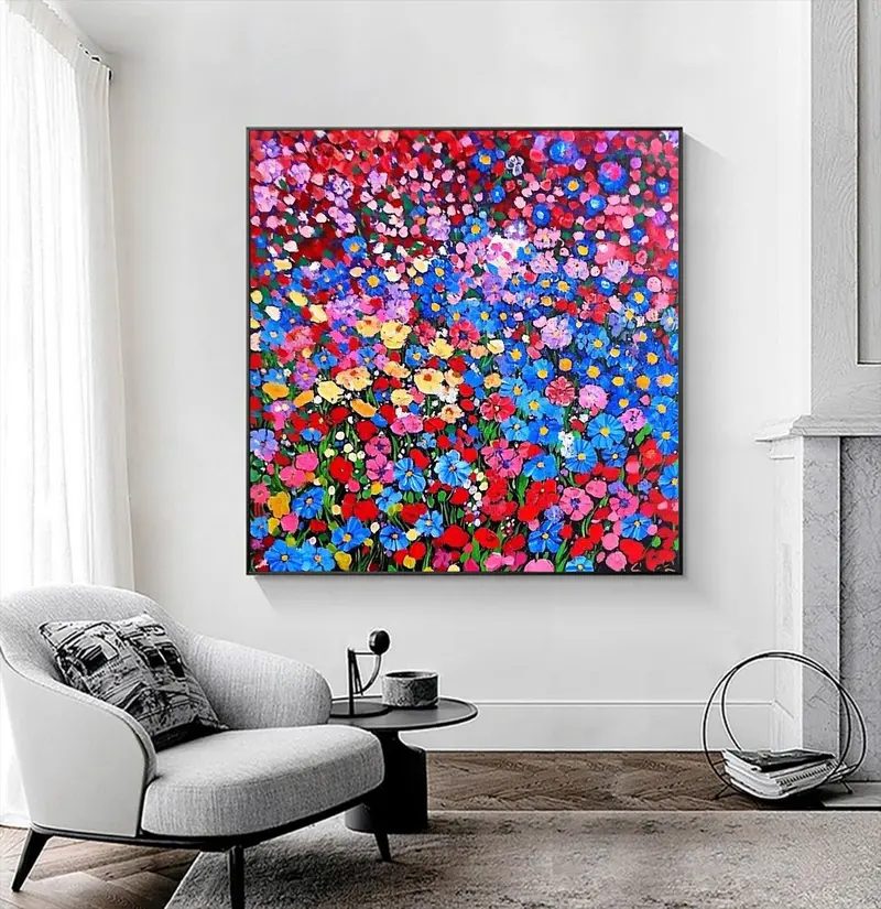 Original Abstract Floral Acrylic Painting - Vivid Colorful Flower Canvas Art for Modern Living Room Decor  