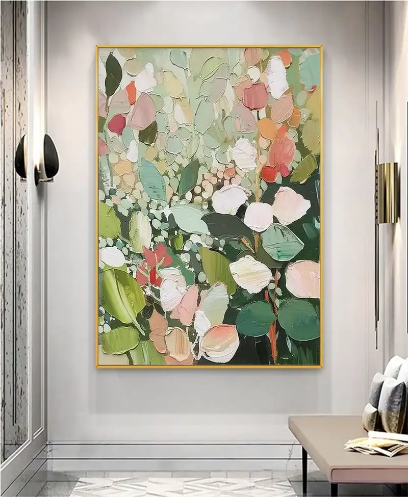 Original Green Flower Oil Painting on Canvas - Large Abstract Floral Wall Art for Boho Living Room Decor  