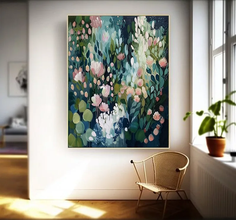 Original Green Floral Oil Painting on Canvas - 3D Textured Wall Art for Modern Living Room Decor  