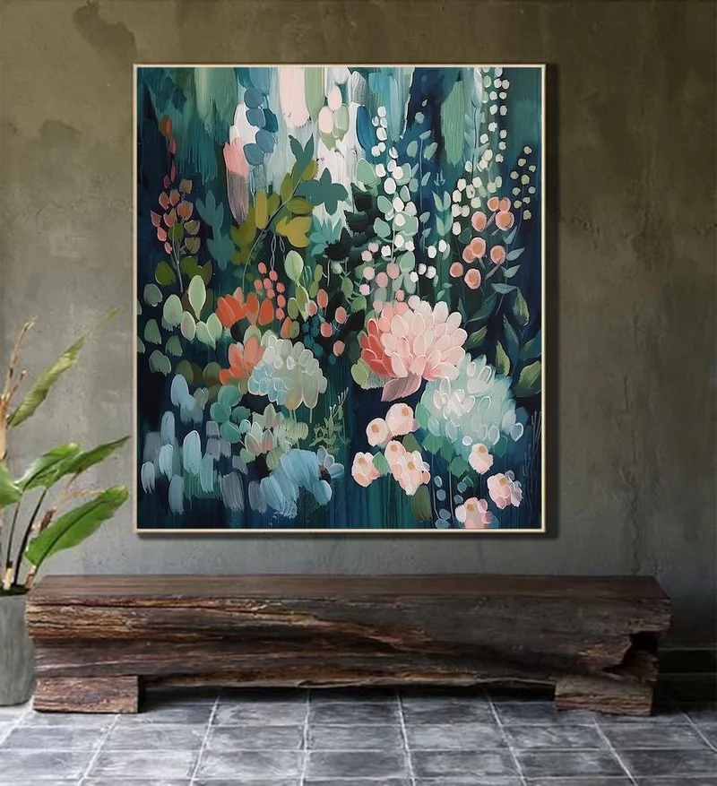 Abstract Flower Oil Painting on Canvas - Minimalist Green Floral Landscape Art for Boho Living Room Decor  