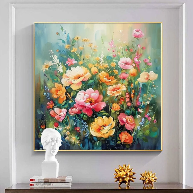 Original Spring Flower Oil Painting on Canvas - Colorful Floral Landscape Wall Art for Modern Living Room Decor  