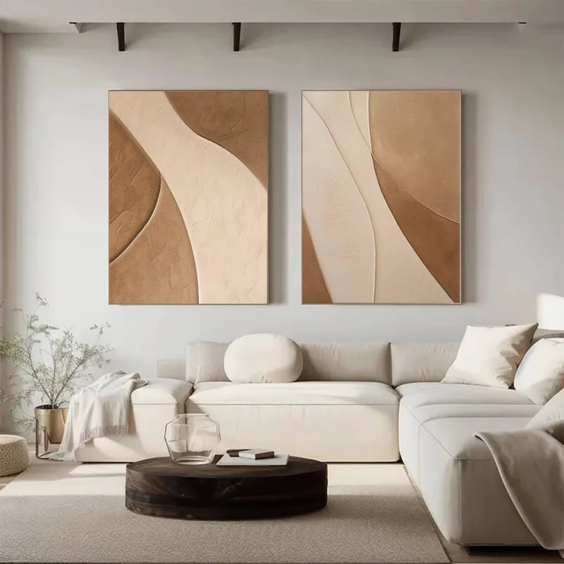 Set of 2 Wabi-Sabi Wall Art: Brown Beige Minimalist Canvas Paintings