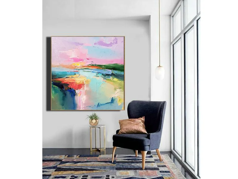 Lake Abstract Landscape: Colorful Oil Painting with Pink Sunset Decor