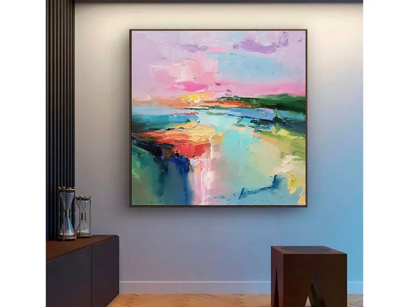 Lake Abstract Landscape: Colorful Oil Painting with Pink Sunset Decor