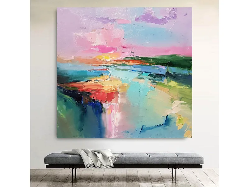 Lake Abstract Landscape: Colorful Oil Painting with Pink Sunset Decor