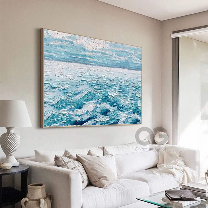 Green Ocean Acrylic Painting on Canvas for Abstract Beach Decor