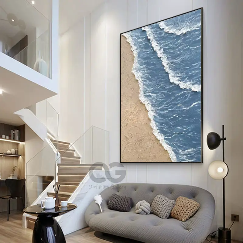 Ocean Sunset Painting: Framed Grey Beach Palette Knife Artwork