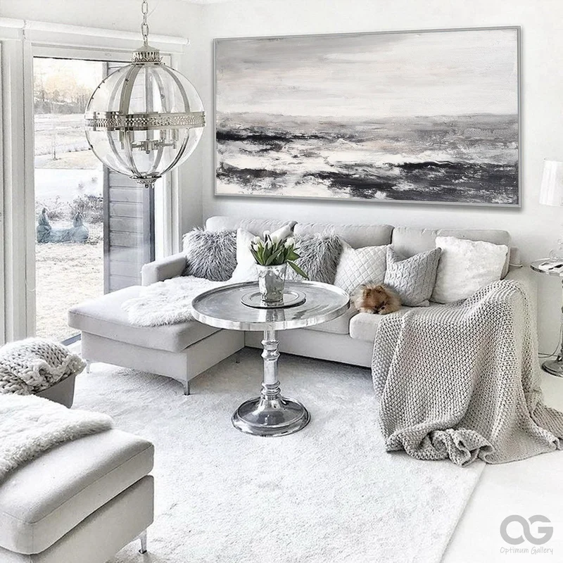 Black & White Abstract Painting | Textured, Panoramic (48x60, Modern Beach Art)