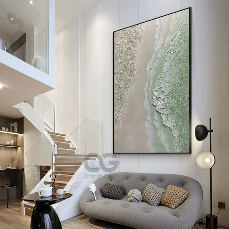 Green Coastal Wall Decor: Abstract Beach Wave Canvas Painting