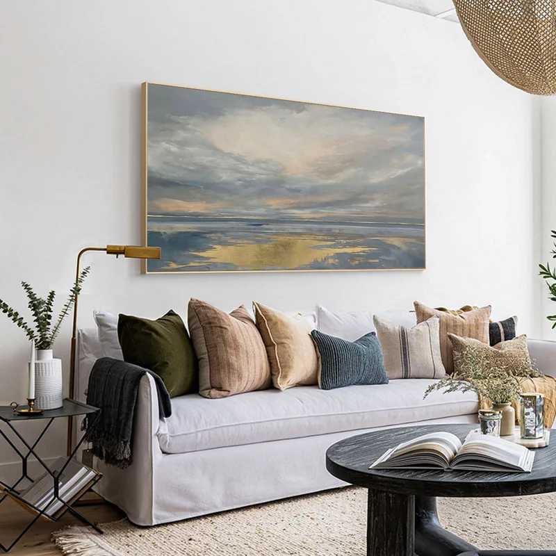 Original Ocean Canvas Painting | Gray Sky, Golden Beach (40x50, Large Scale)