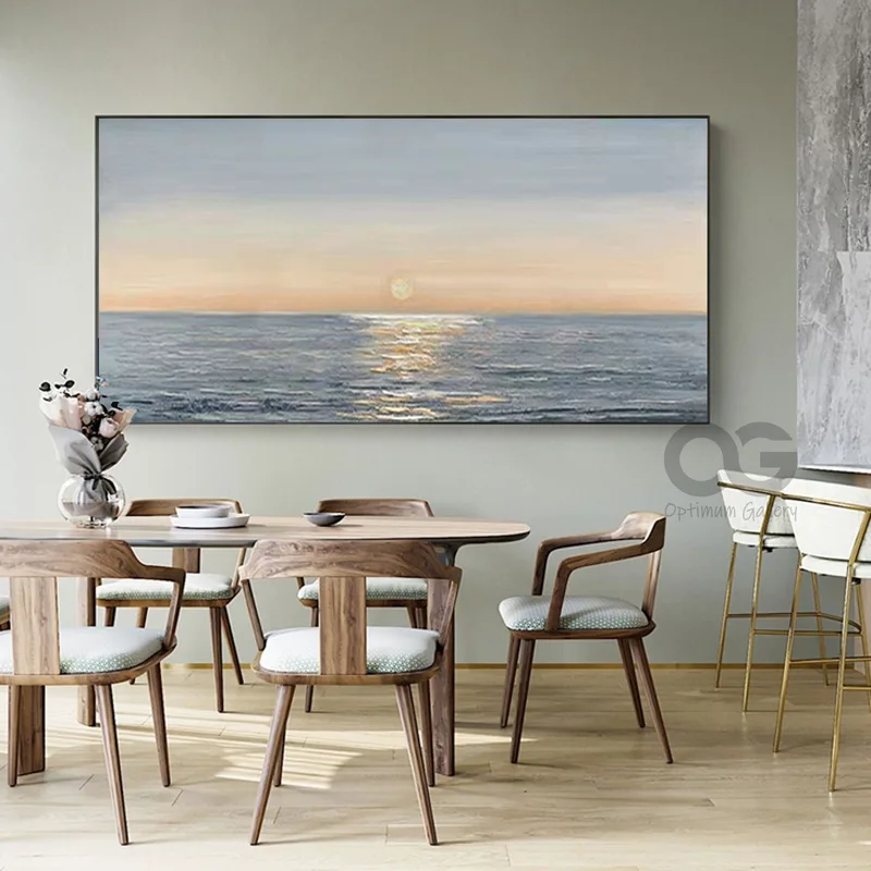 Framed Ocean Sunset Painting | Abstract, Gray Texture (60x72, Oversized)