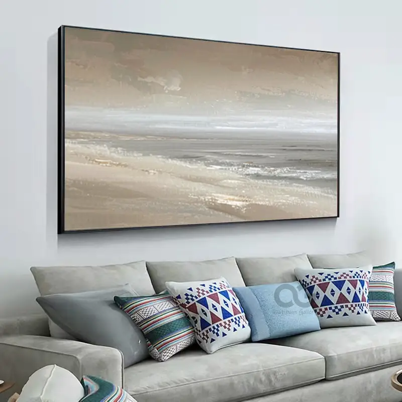 Large Abstract Beach Painting | Gray Wall Art, Sea & Sky (24x36, Textured Canvas)