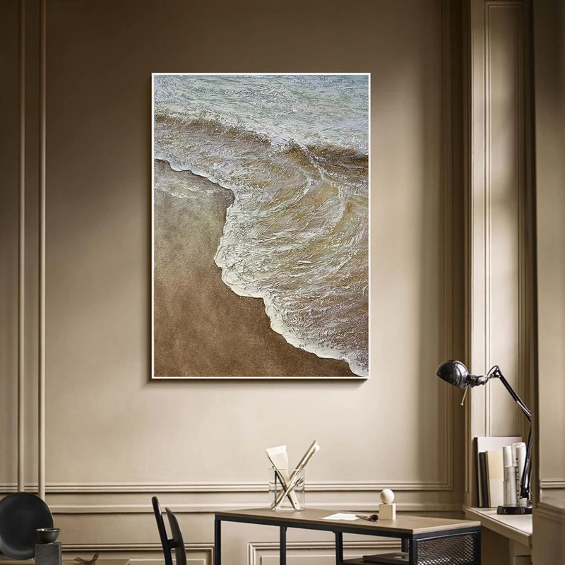 Brown Wave Acrylic Painting: Framed Coastal Scene Home Decor Piece
