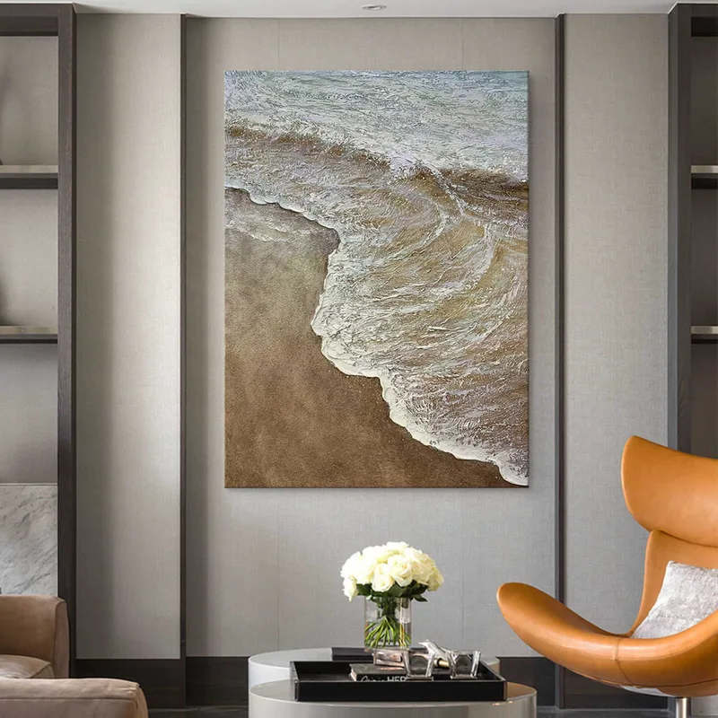 Brown Wave Acrylic Painting: Framed Coastal Scene Home Decor Piece