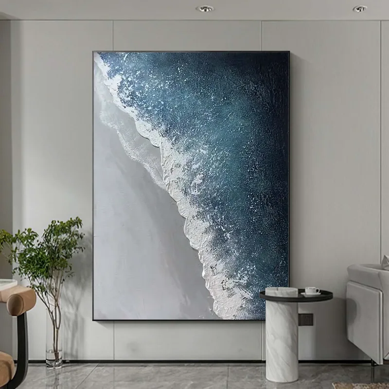 Large Abstract Beach Painting on Canvas: Blue and White Decor