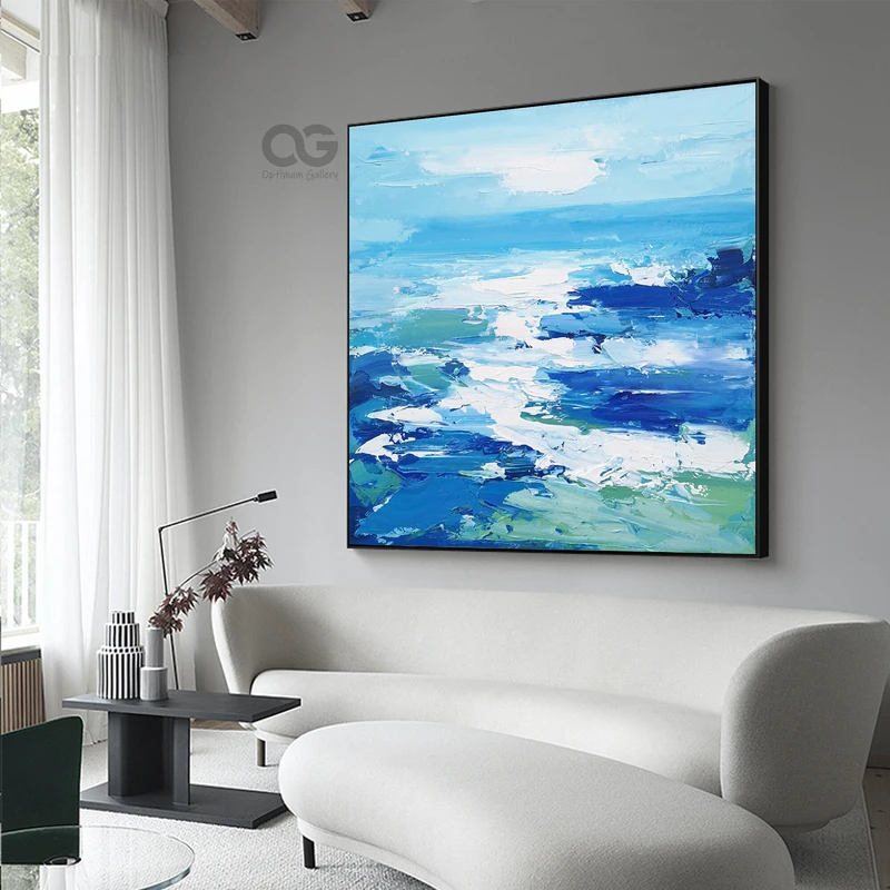 3D Textured Ocean Acrylic Painting: Framed Beach Canvas Decor