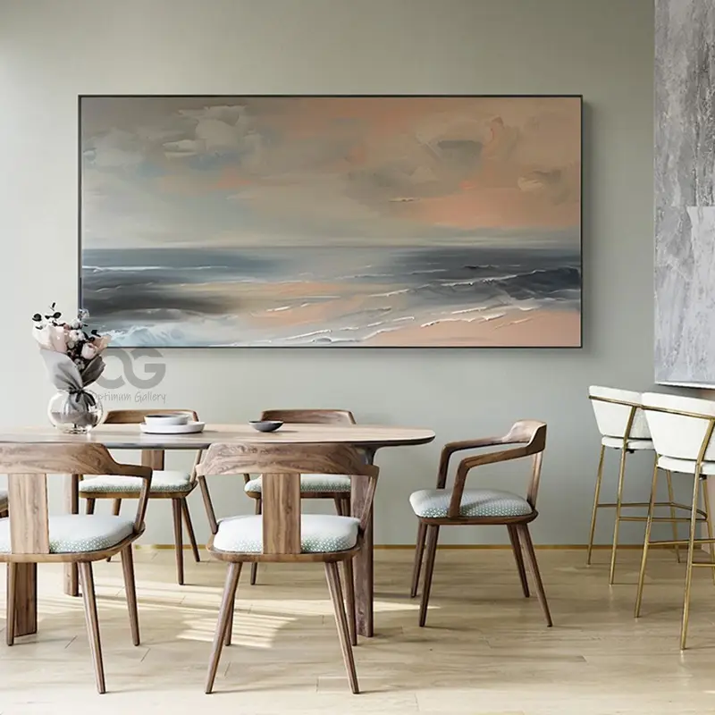 Large Ocean Sunset Canvas Painting | Textured, Gray Clouds (24x36, Beach Landscape)