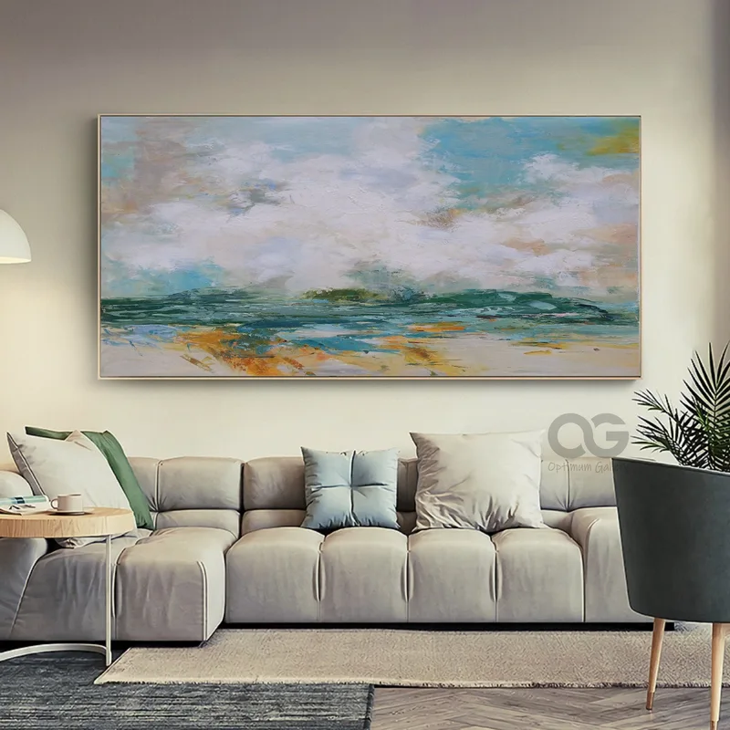 Oversized Abstract Beach Painting | Green Wall Art, Textured (60x72, Panoramic)