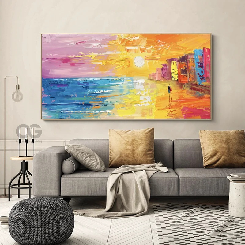 Framed Abstract Ocean Sunset | Bright Ocean Wall Art (48x60, Contemporary Seascape)