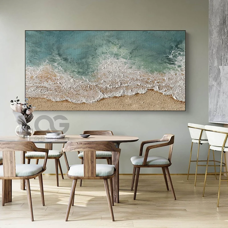 3D Textured Coastal Wall Art: Framed Green Beach Canvas Painting