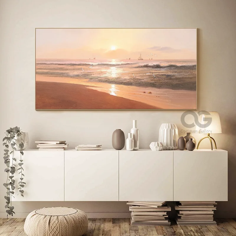 Oversized Abstract Beach Sunset | Textured, Panoramic (60x72, Ocean Landscape)