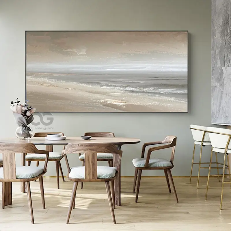 Large Abstract Beach Painting | Gray Wall Art, Sea & Sky (24x36, Textured Canvas)
