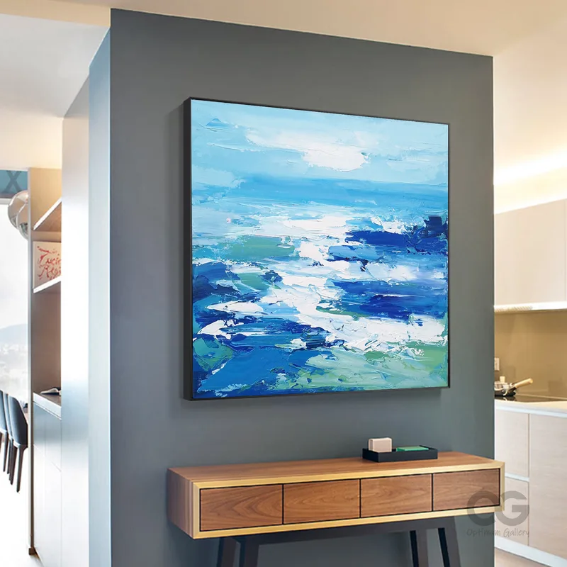 3D Textured Ocean Acrylic Painting: Framed Beach Canvas Decor