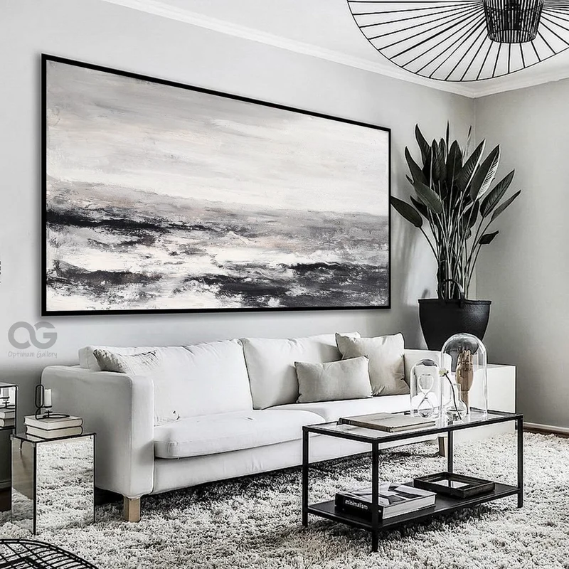 Black & White Abstract Painting | Textured, Panoramic (48x60, Modern Beach Art)
