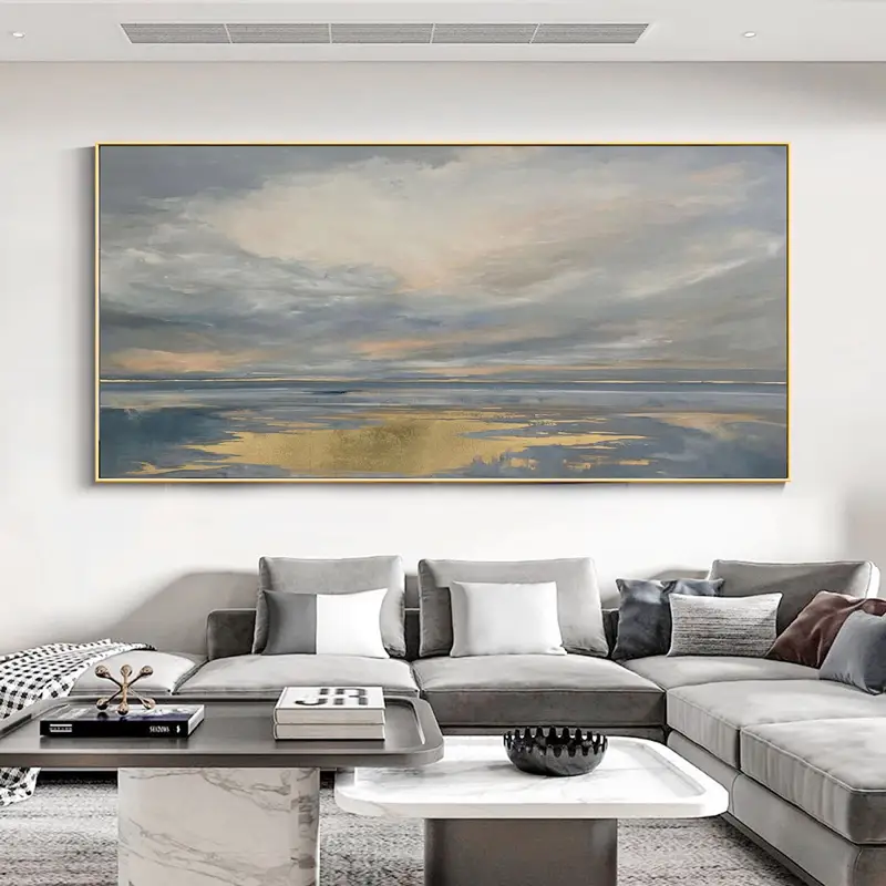 Original Ocean Canvas Painting | Gray Sky, Golden Beach (40x50, Large Scale)
