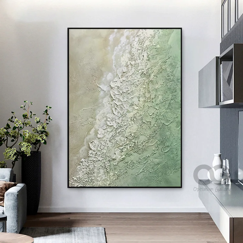 Framed Wave Painting on Canvas with Emerald Green Beach Theme