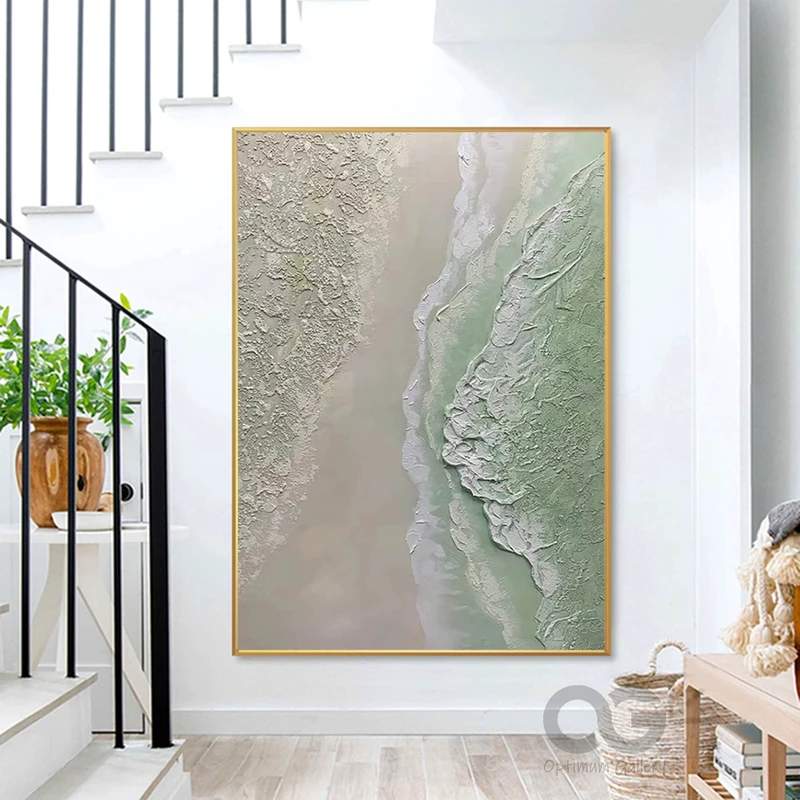 Green Coastal Wall Decor: Abstract Beach Wave Canvas Painting