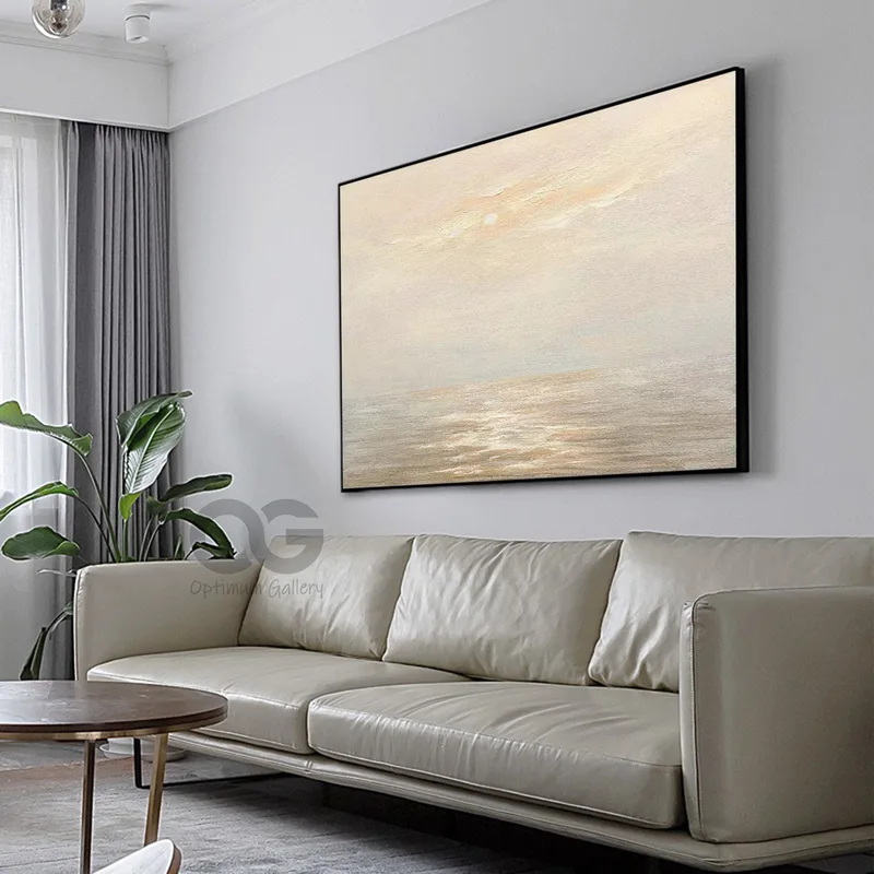 Large Ocean Sunset Painting | Beige Abstract, Wall Decor (36x48, Coastal)