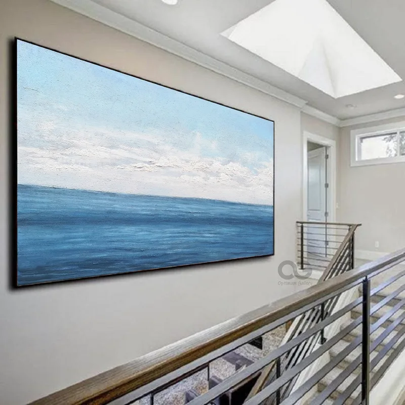 Large Blue Ocean Painting | Acrylic, Calm Sea, Framed (40x50, Oversized)