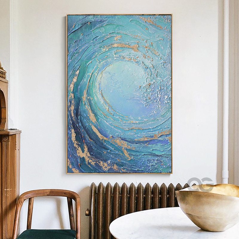 Framed Blue Wave Acrylic Painting