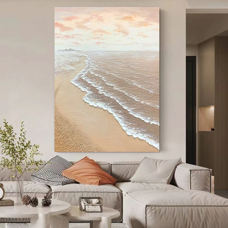 Heavy Texture White Wave Painting for Boho Style Home Decor