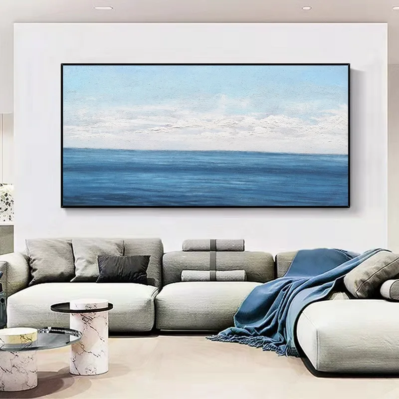 Large Blue Ocean Painting | Acrylic, Calm Sea, Framed (40x50, Oversized)