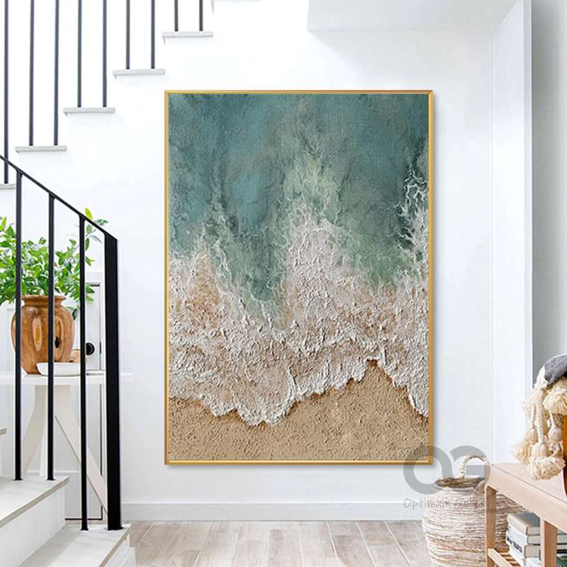 Framed White Beach Abstract Painting: Impressionist Coastal Decor