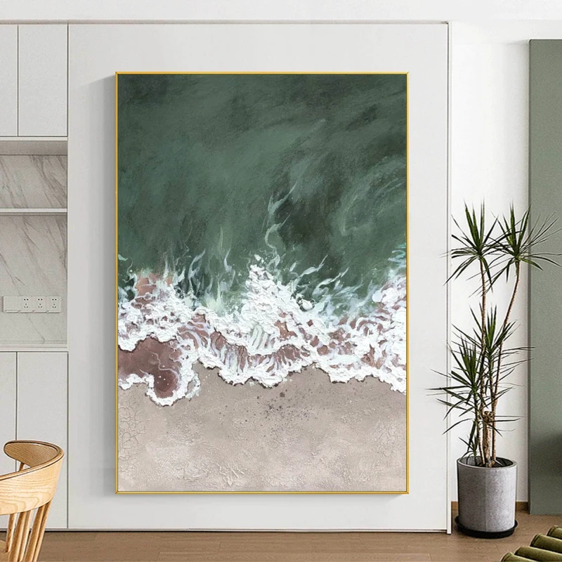 Abstract Beach Painting on Canvas: Large Green and White Decor