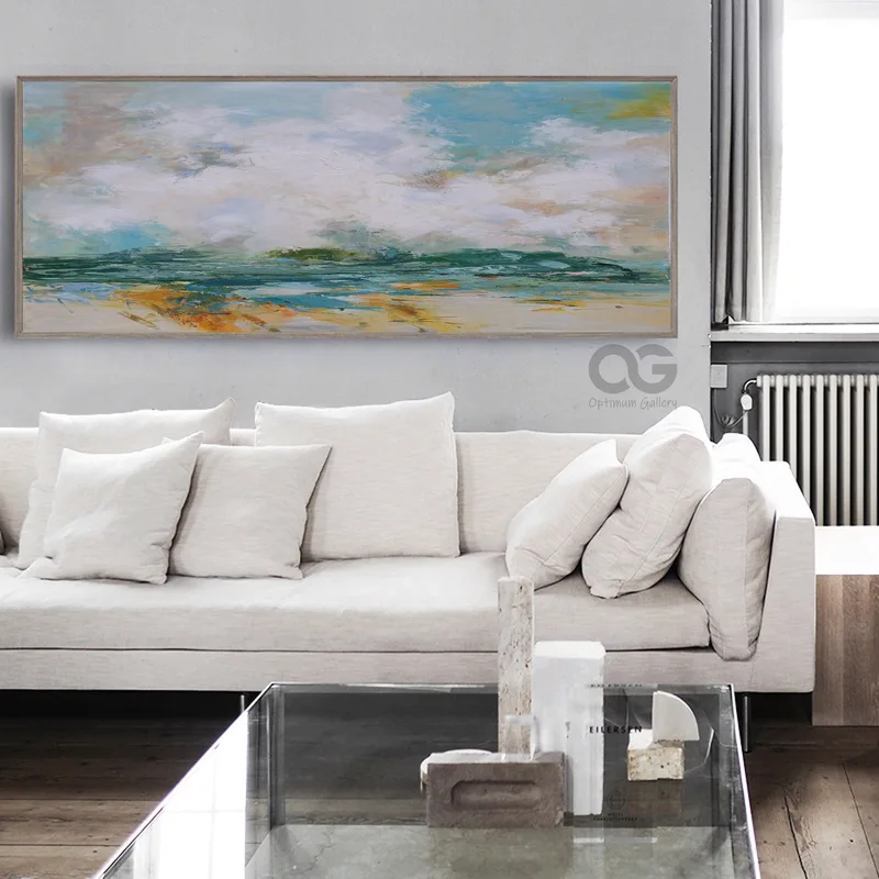 Oversized Abstract Beach Painting | Green Wall Art, Textured (60x72, Panoramic)