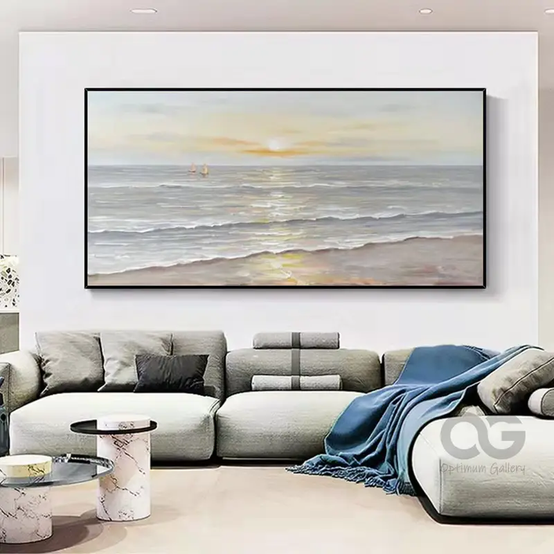 Large Ocean Sunset Painting | Textured, Beige Clouds (36x48, Beach Landscape)