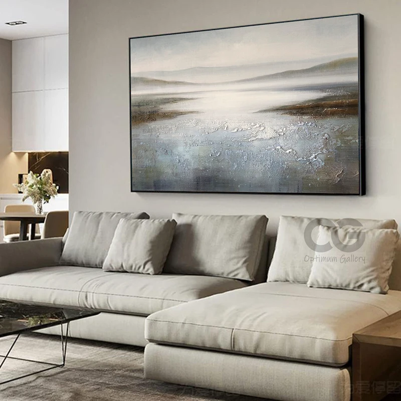 Muted Beach Seascape Canvas Painting for Large Ocean Wall Art