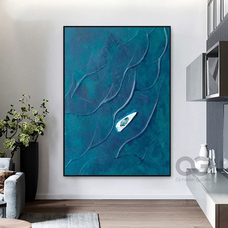 Extra Large Coastal Painting: Navy Blue Textured Ocean Artwork