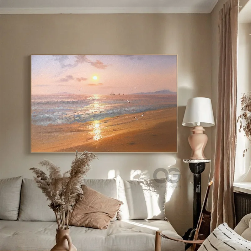 Framed Beach Sunset Painting | Acrylic, Ocean Waves (24x36, Brown Sunset)