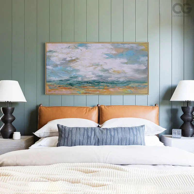 Large Abstract Beach Painting | Green Wall Art, Sky & Cloud (30x40, Panoramic)
