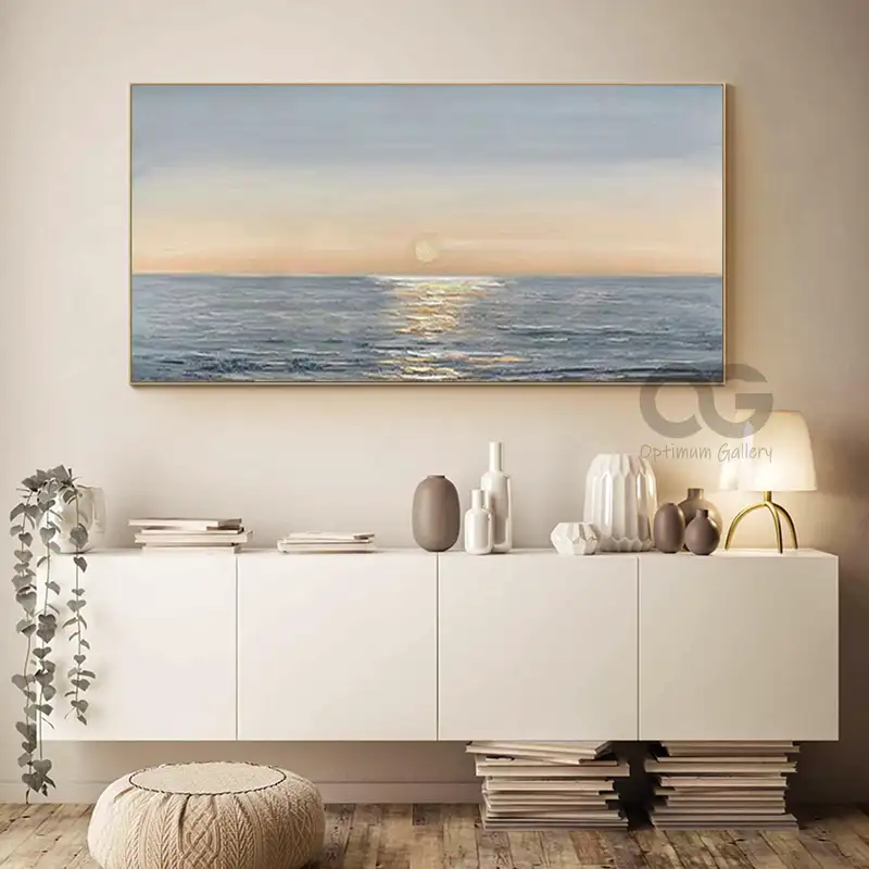 Framed Ocean Sunset Painting | Abstract, Gray Texture (60x72, Oversized)