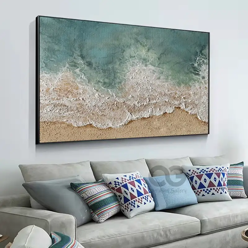 3D Textured Coastal Wall Art: Framed Green Beach Canvas Painting
