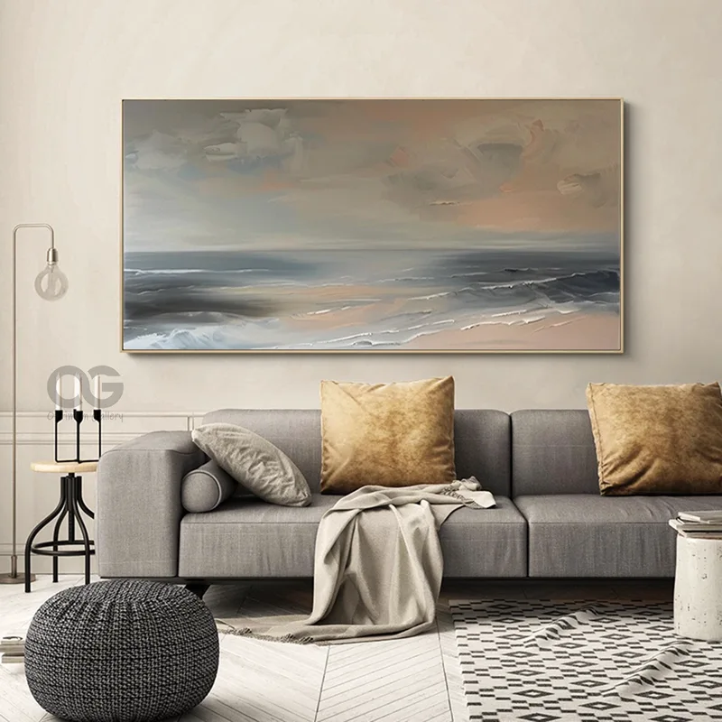 Large Ocean Sunset Canvas Painting | Textured, Gray Clouds (24x36, Beach Landscape)