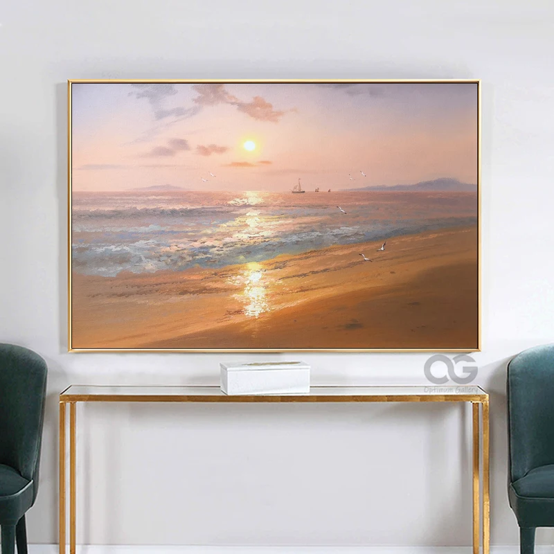 Framed Beach Sunset Painting | Acrylic, Ocean Waves (24x36, Brown Sunset)